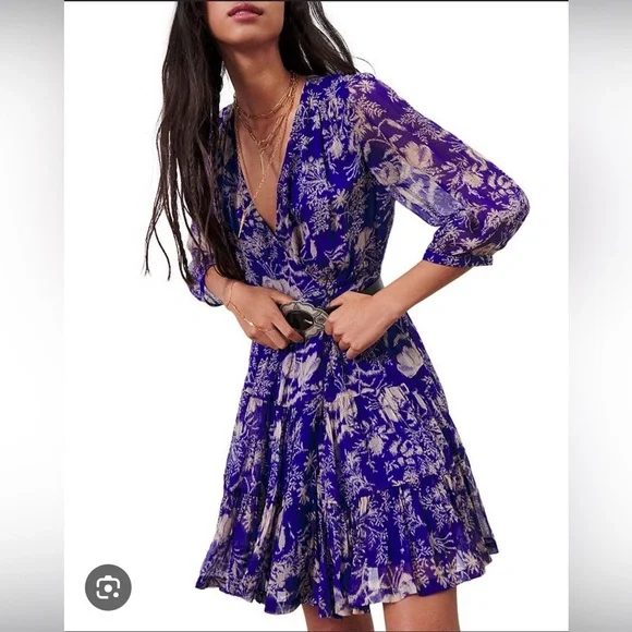 NWT Ba&sh Dress Womens US 8 Blue Violet Floral Lined Wrap Mini Ulia (medium) - Picture 1 of 3
